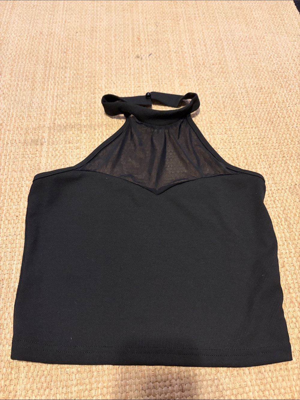 Black Halter Mesh-Detail Crop Top - Women